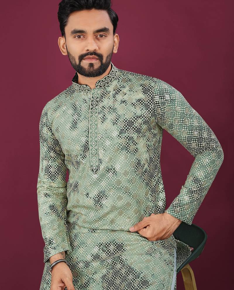 Green chikankari work viscose rayon straight kurta