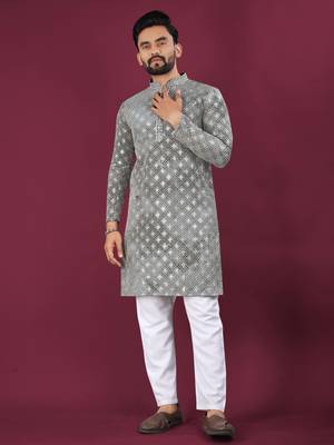 Grey chikankari work viscose rayon straight kurta 1