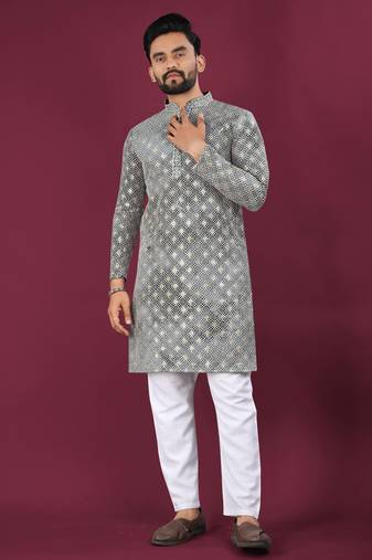 Grey chikankari work viscose rayon straight kurta