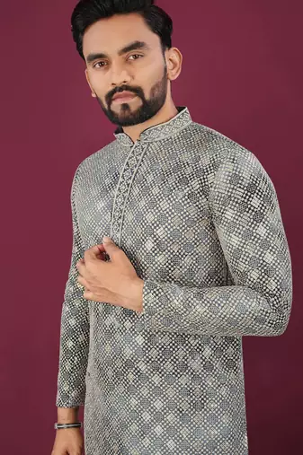 Grey chikankari work viscose rayon straight kurta