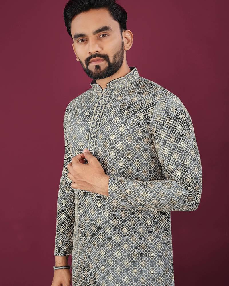 Grey chikankari work viscose rayon straight kurta
