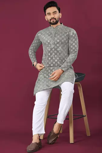 Grey chikankari work viscose rayon straight kurta