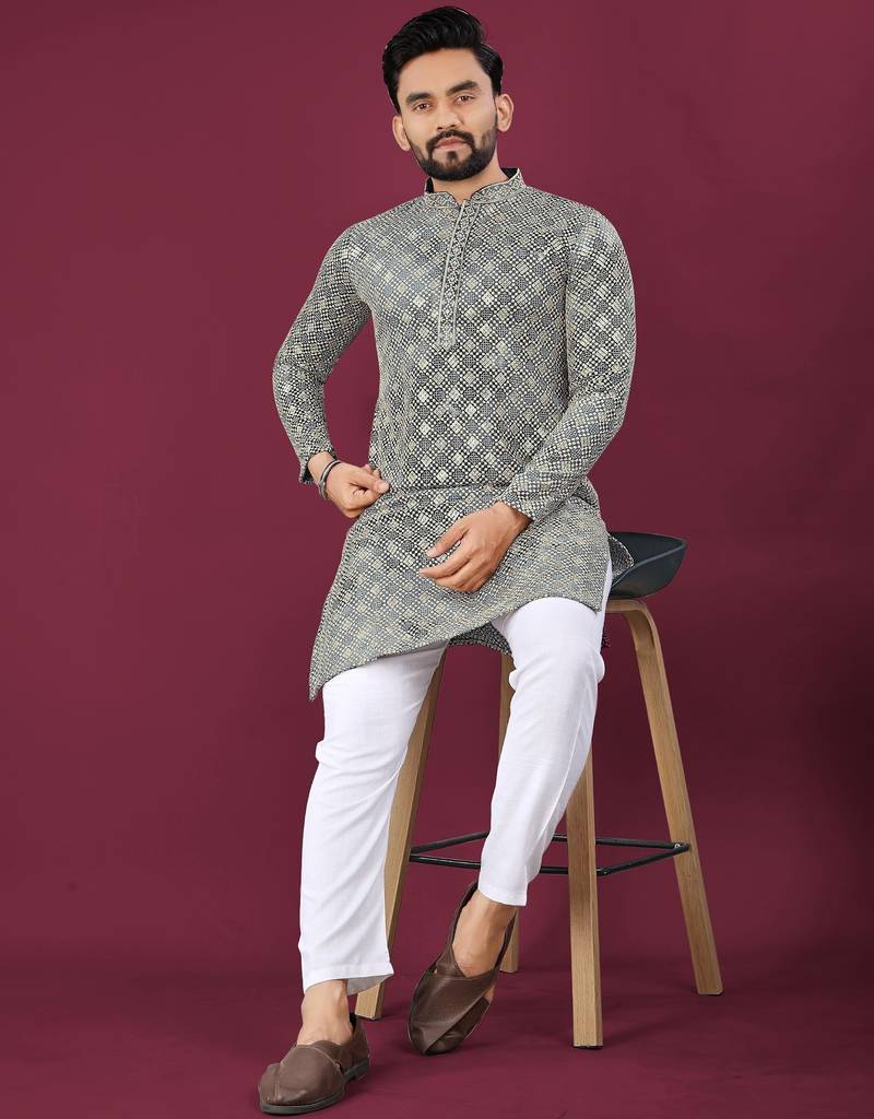 Grey chikankari work viscose rayon straight kurta