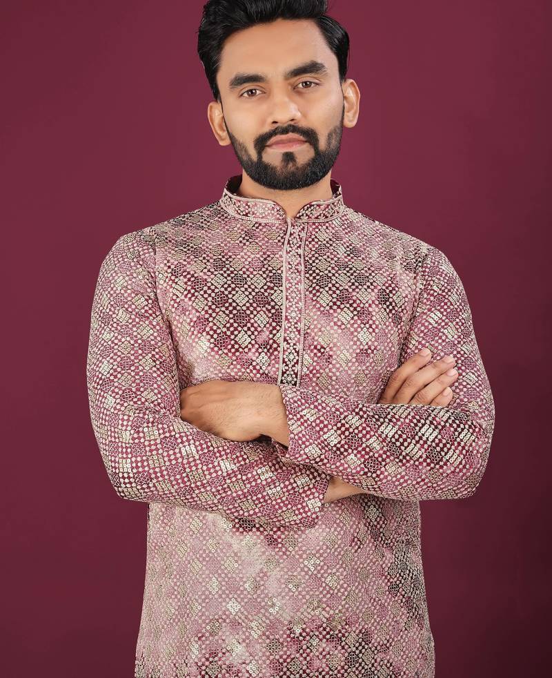 Pink chikankari work viscose rayon straight kurta