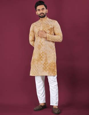 Yellow chikankari work viscose rayon straight kurta 1