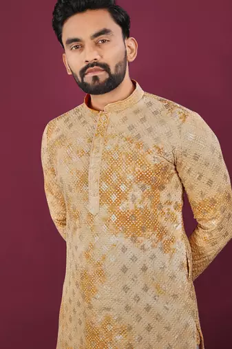 Yellow chikankari work viscose rayon straight kurta