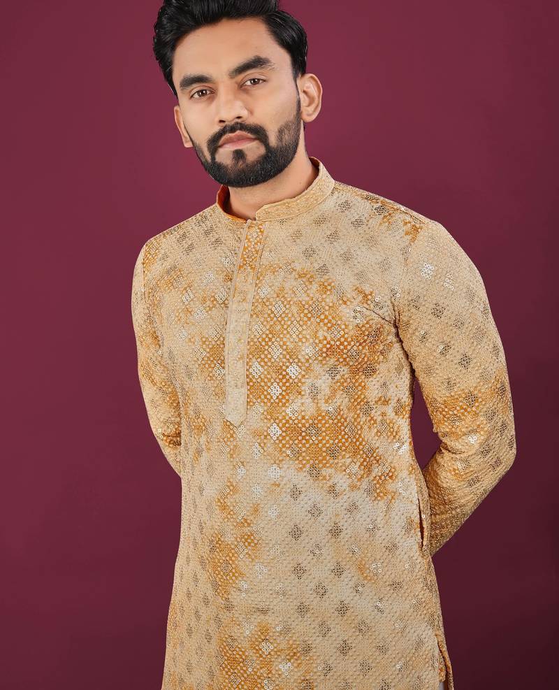 Yellow chikankari work viscose rayon straight kurta