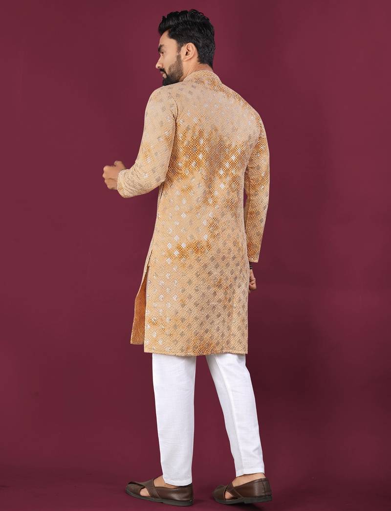 Yellow chikankari work viscose rayon straight kurta