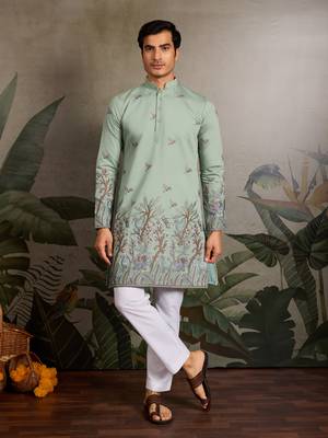 PISTA GREEN VISCOSE SILK THREAD & SEQUINS EMBROIDERED WORK WEDDING FESTIVAL MARRIAGE PARTY WEAR STRAIGHT MENS KURTA 8