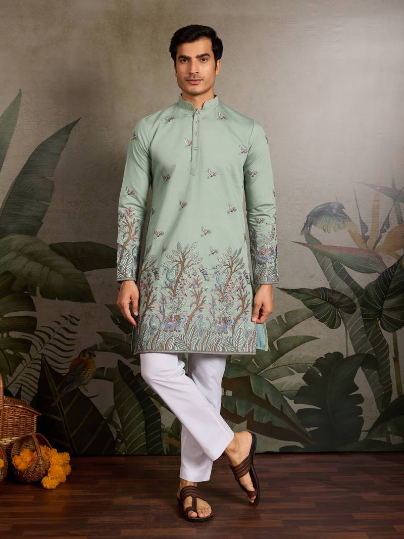 Pista green viscose silk thread & sequins embroidered work wedding festival marriage party wear straight mens kurta