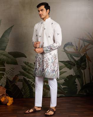 WHITE VISCOSE SILK THREAD & SEQUINS EMBROIDERED WORK WEDDING FESTIVAL MARRIAGE PARTY WEAR STRAIGHT MENS KURTA 9
