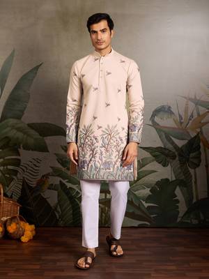 BEIGE VISCOSE SILK THREAD & SEQUINS EMBROIDERED WORK WEDDING FESTIVAL MARRIAGE PARTY WEAR STRAIGHT MENS KURTA 9