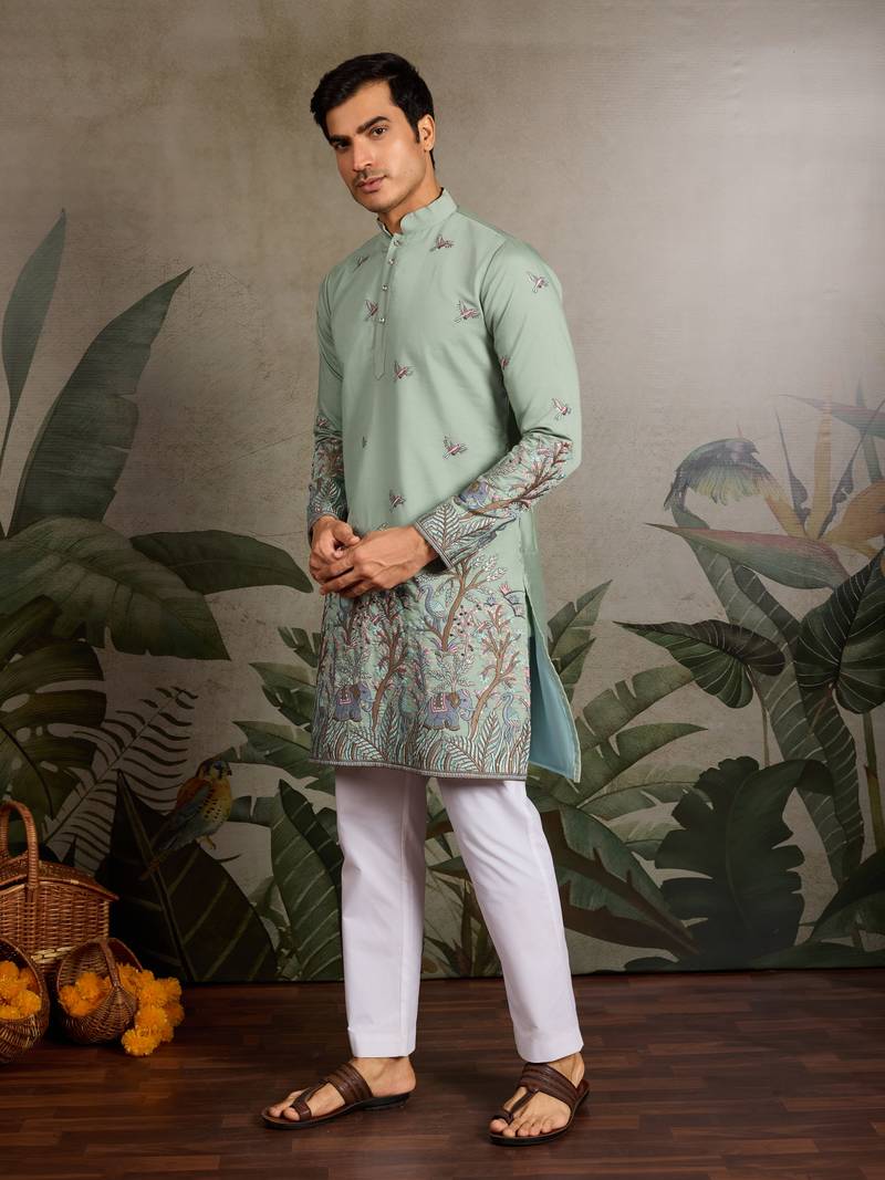Pista green viscose silk thread & sequins embroidered work wedding festival marriage party wear straight mens kurta