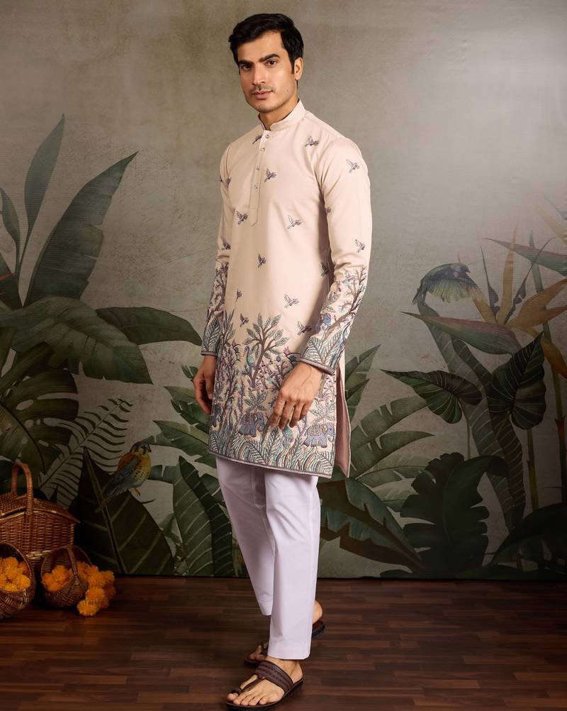 Beige viscose silk thread & sequins embroidered work wedding festival marriage party wear straight mens kurta