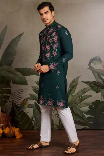 GREEN VISCOSE SILK REAL MIRROR WITH THREAD & SEQUINS EMBROIDERED WORK WEDDING FESTIVAL PARTY WEAR STRAIGHT MENS KURTA