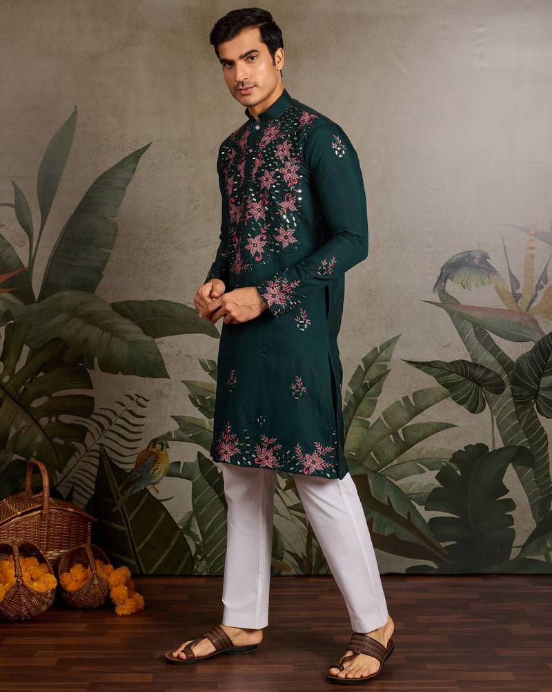 Green viscose silk real mirror with thread & sequins embroidered work wedding festival party wear straight mens kurta