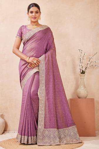 lavender zari embroidered siroski stone work two tone silk blend saree sari