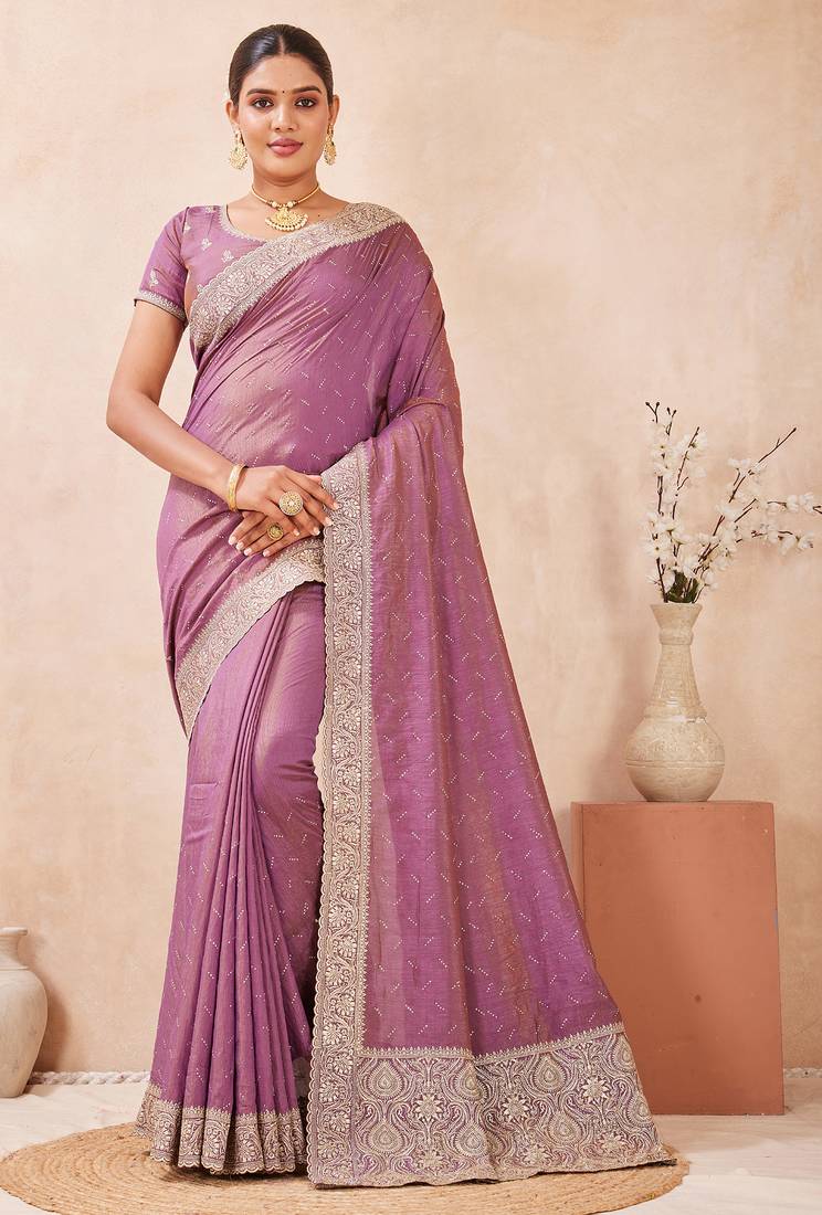 lavender zari embroidered siroski stone work two tone silk blend saree sari
