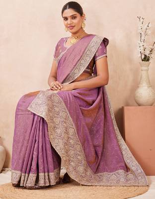 lavender zari embroidered siroski stone work two tone silk blend saree sari 2