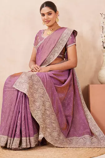 lavender zari embroidered siroski stone work two tone silk blend saree sari