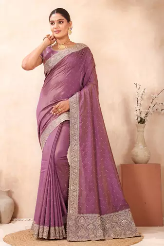 lavender zari embroidered siroski stone work two tone silk blend saree sari