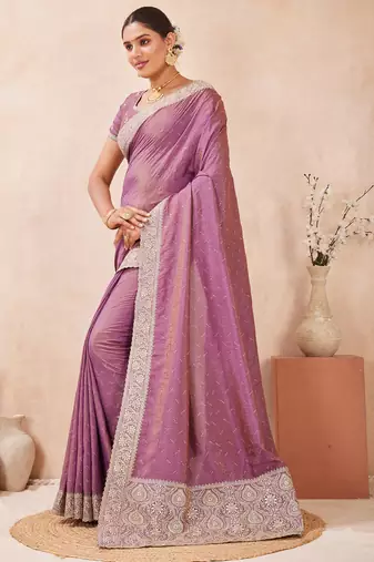 lavender zari embroidered siroski stone work two tone silk blend saree sari