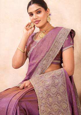 lavender zari embroidered siroski stone work two tone silk blend saree sari 5