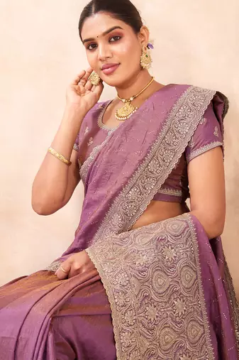 lavender zari embroidered siroski stone work two tone silk blend saree sari
