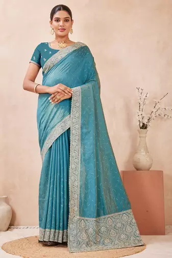 sky blue zari embroidered siroski stone work two tone silk blend saree sari