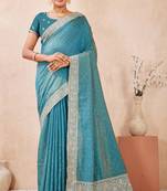 sky blue zari embroidered siroski stone work two tone silk blend saree sari
