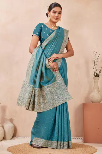 sky blue zari embroidered siroski stone work two tone silk blend saree sari