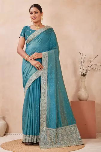 sky blue zari embroidered siroski stone work two tone silk blend saree sari