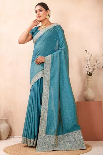 sky blue zari embroidered siroski stone work two tone silk blend saree sari