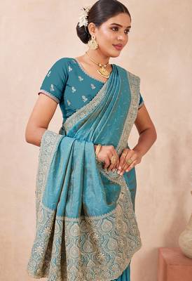 sky blue zari embroidered siroski stone work two tone silk blend saree sari 5