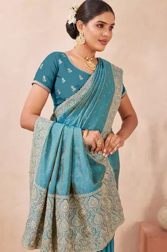 sky blue zari embroidered siroski stone work two tone silk blend saree sari
