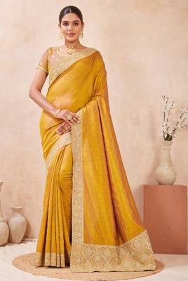 mustard zari embroidered siroski stone work two tone silk blend saree sari 1