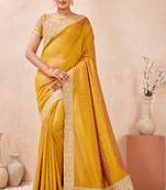 mustard zari embroidered siroski stone work two tone silk blend saree sari