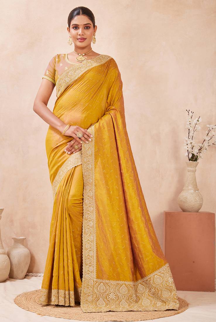 mustard zari embroidered siroski stone work two tone silk blend saree sari