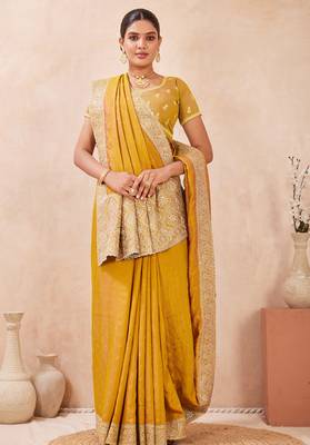 mustard zari embroidered siroski stone work two tone silk blend saree sari 2