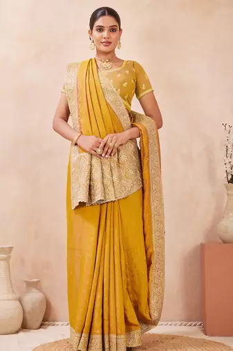 mustard zari embroidered siroski stone work two tone silk blend saree sari