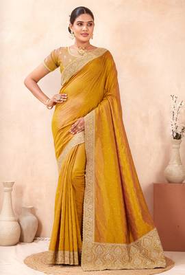 mustard zari embroidered siroski stone work two tone silk blend saree sari 3