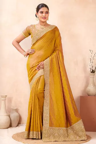 mustard zari embroidered siroski stone work two tone silk blend saree sari