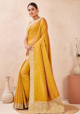 mustard zari embroidered siroski stone work two tone silk blend saree sari 4