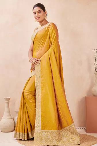 mustard zari embroidered siroski stone work two tone silk blend saree sari