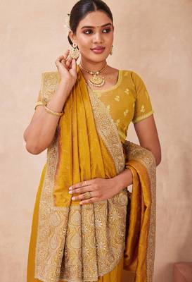 mustard zari embroidered siroski stone work two tone silk blend saree sari 5