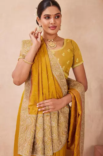 mustard zari embroidered siroski stone work two tone silk blend saree sari