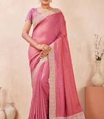 pink zari embroidered siroski stone work two tone silk blend saree sari