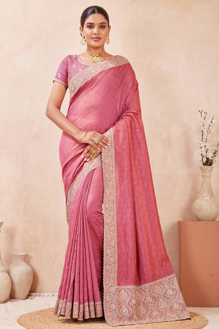 pink zari embroidered siroski stone work two tone silk blend saree sari