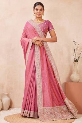 pink zari embroidered siroski stone work two tone silk blend saree sari 2