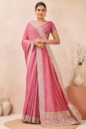 pink zari embroidered siroski stone work two tone silk blend saree sari